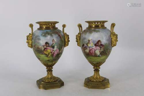 Pair Sevres Bronze Mounted Porcelain Urns.