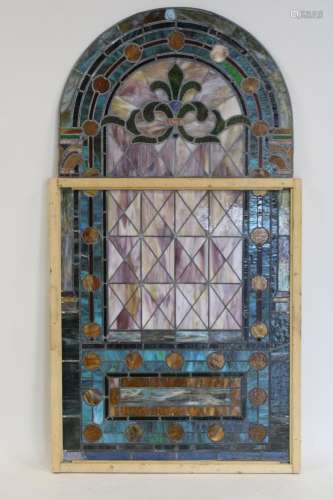 A Fine Tiffany Style Arch Top Leaded Glass Window
