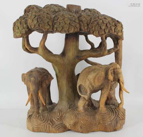 Antique Carved Wood Sculpture of Elephants