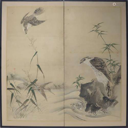 Ex-Naga Gallery Signed Japanese Folding Screen.