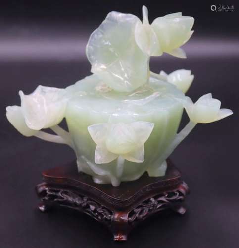 Carved Jade Lidded Lotus Root and Floral Vessel.