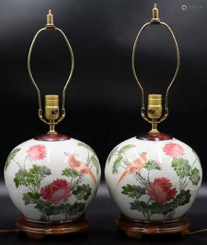 Pair of Chinese 'Birds and Flowers' Vases as Lamps