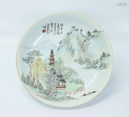 Chinese Artist Painted Landscape Porcelain Plate
