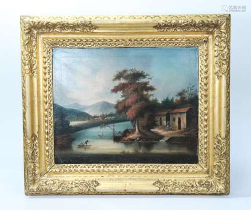 Rare Chinese 19th C Fishing Village Oil on Canvas