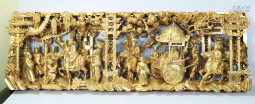 Chinese Gold Lacquer Wood Royal Procession Plaque