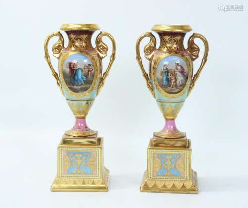 Pr Austrian Royal Vienna Type Porcelain Small Urns