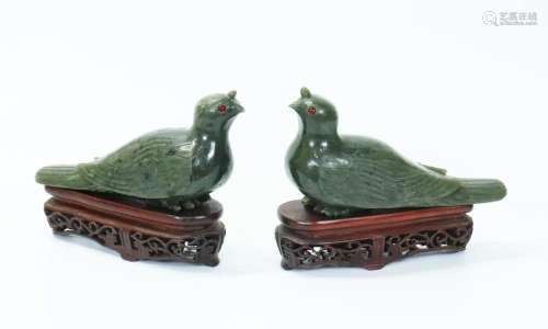 Pair Chinese Green Jade Carved Pigeons & Stands