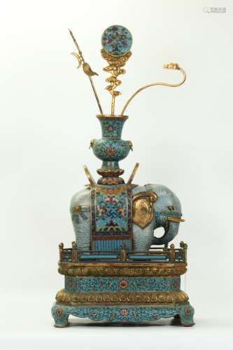 Fine Chinese Gilt Bronze Cloisonne Elephant & Vase