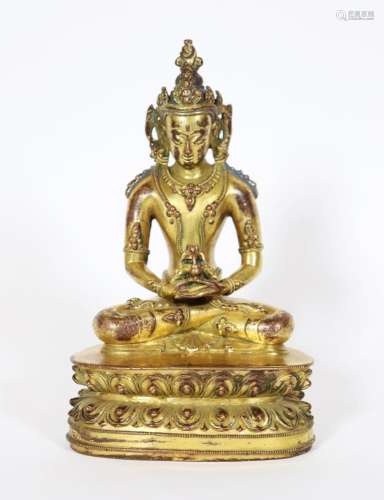 Fine 17th C Tibetan Gilt Bronze Buddha Sealed Base