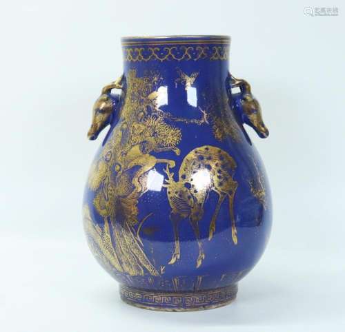 Chinese 19th C Powdered Blue & Gold Hu Vase