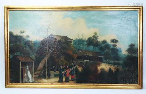 Chinese 19 C Painted Canvas Country Pavilions Park