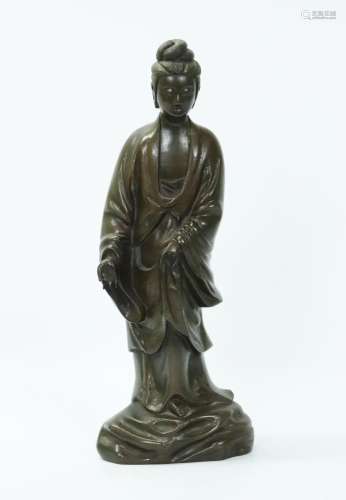 Chinese Bronze Standing Guanyin Wire Inlaid Gown