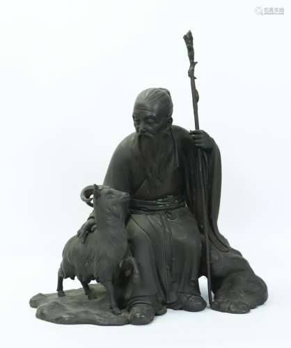 Fine Large Japanese Bronze Okimono Scholar & Goat