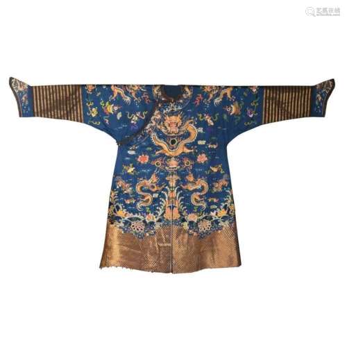 Chinese Qing Dynasty Blue & Gold Court Dragon Robe