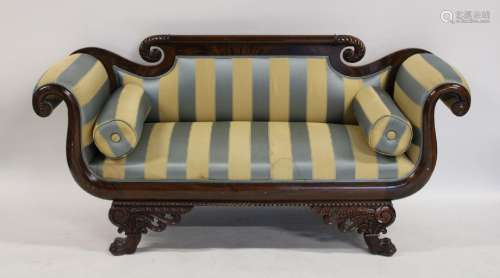 Empire Mahogany Carved Scroll Arm Settee.