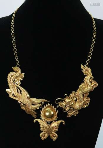 Chinese Dragon Phoenix Flaming Pearl 18K Necklace