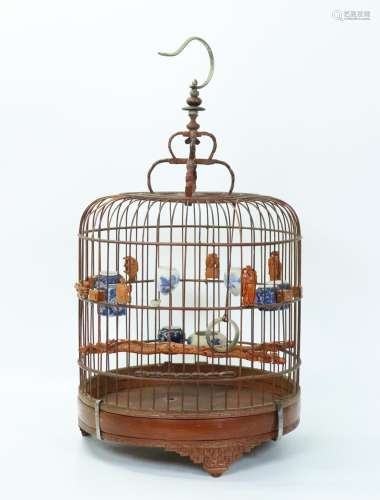 Chinese Bamboo Birdcage 8 Porcelain Feeders