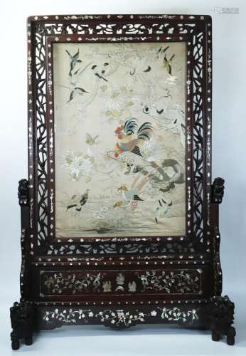 Chinese 19th C Silk Embroidered Wood Table Screen