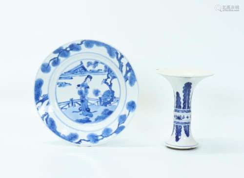 Chinese 18th C Blue & White Porcelain Plate & Vase