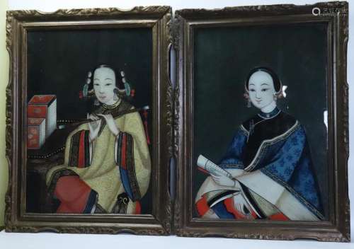 2 Chinese 19th C Reverse Lady Paintings on Glass