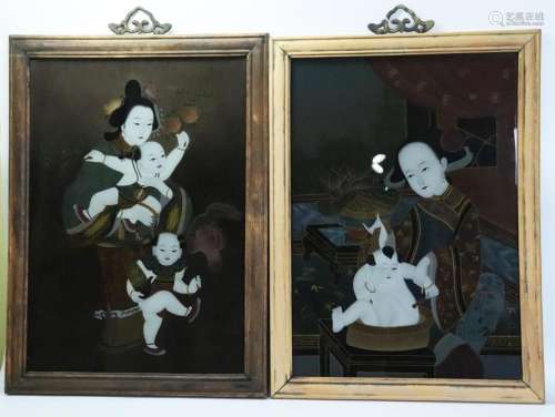 2 Chinese Reverse Paintings on Glass; Framed