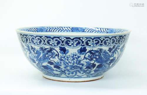 Lg Chinese Qing Blue & White Porcelain Dragon Bowl