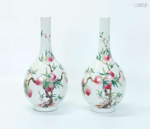 Pr Chinese Famille Rose Porcelain 9 Peach Vases
