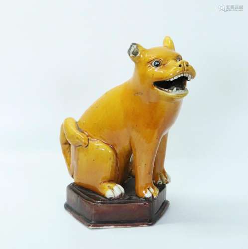 Chinese 19th C Yellow Glazed Cat Porcelain