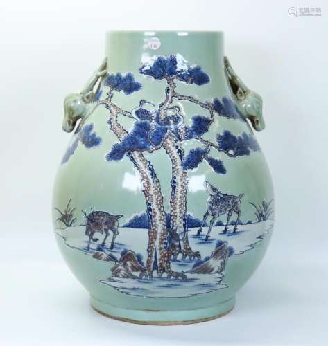 Large Chinese Blue Red & Celadon Porcelain Hu Vase