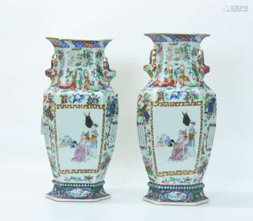 Pr Chinese 19th C Rose Porcelain Hexagon Vases