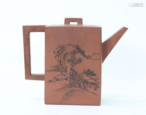 Chinese Yixing Brick Shaped Incised 4 Side Teapot