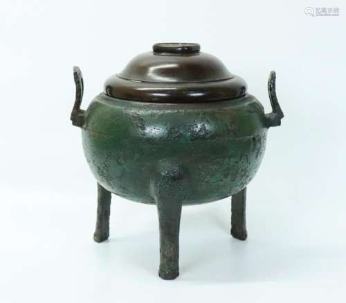 Chinese Han Dynasty Bronze Ding Tripod w 2 Handles