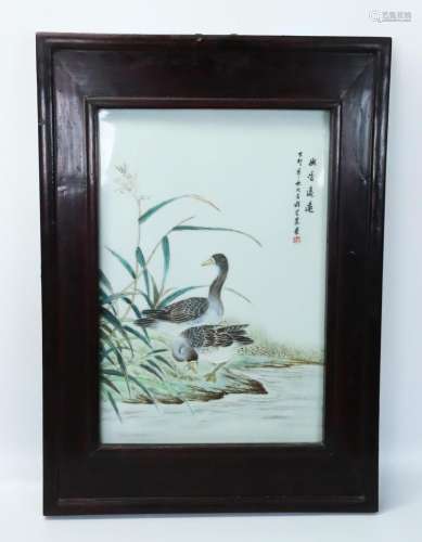 Chinese Enameled Porcelain Geese Plaque
