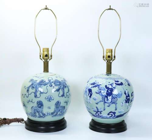 2 Chinese Qing Blue White Celadon Porcelain Jars