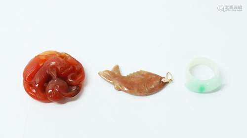 Chinese Carnelian Pendant, Jadeite Ring, Fish