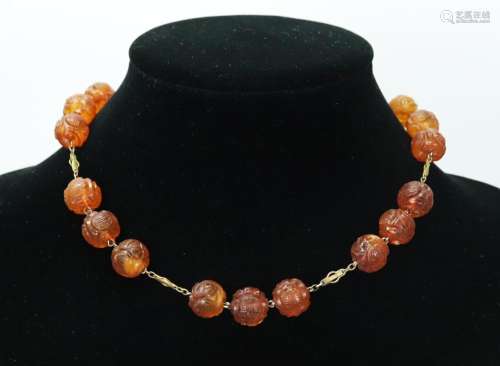 19 Chinese Qing Carved "Shou" Amber Bead Necklace