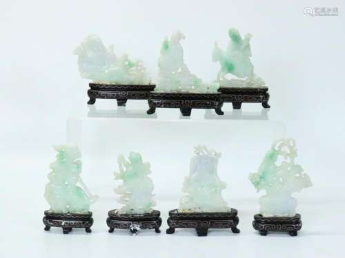 7 Chinese Carved Jadeite Immortals on Wood Stands