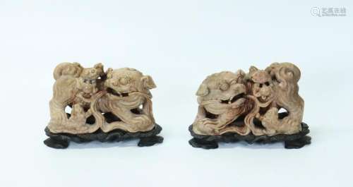 Mirror Pair Chinese Shoushan Soapstone Fu Dogs