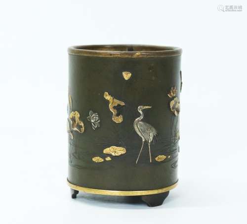 Fine Japanese Mixed Metals on Bronze Sm Brush Pot