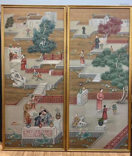 2 Large Chinese Paintings Mandarin Family Garden