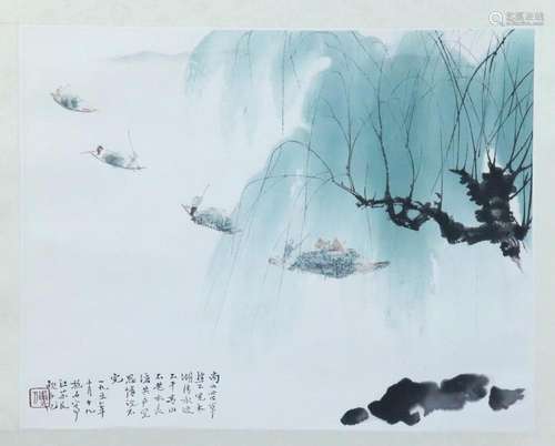 Chinese Ink & Color on Paper Painting River Boats