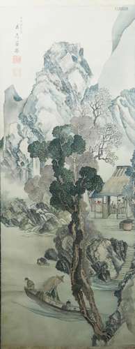 Chinese Ink & Color Scroll Painting on Silk