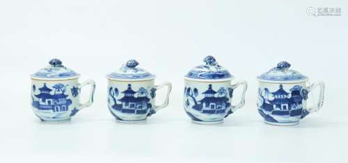 4 Chinese Qing Blue White Porcelain Canton Pots