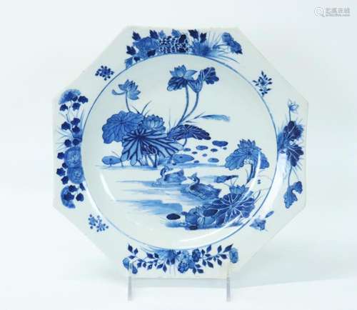 Chinese 18 C Blue White Porcelain Octagon Plate