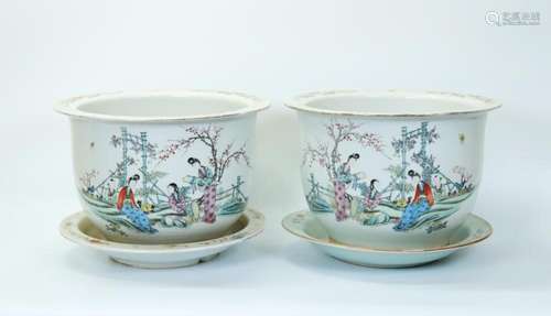 Pair Chinese Enameled Porcelain Planters; 2 Trays