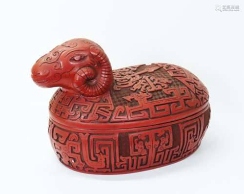Chinese Composition Red Lacquer Covered Ram Box