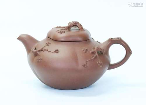 Chinese 19 C Yixing 5 Lobed Prunus Branch Teapot