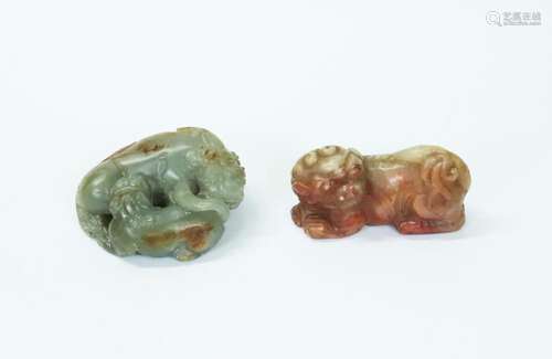 2 Chinese Dog Paperweights, Celadon Jade, Shoushan