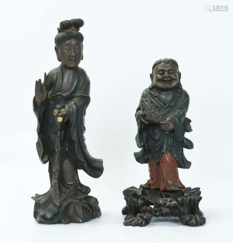 2 Chinese Fujian Lacquer Figures; Guanyin Liuhai
