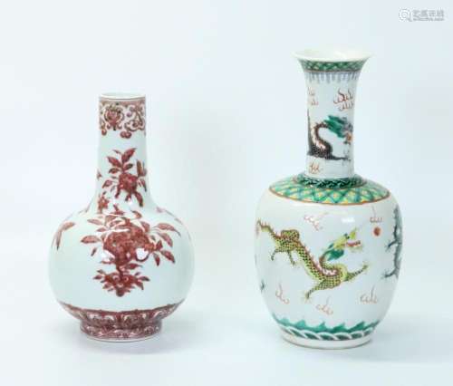 2 Chinese Porcelain Vases, Sanduo & Enamel Dragons